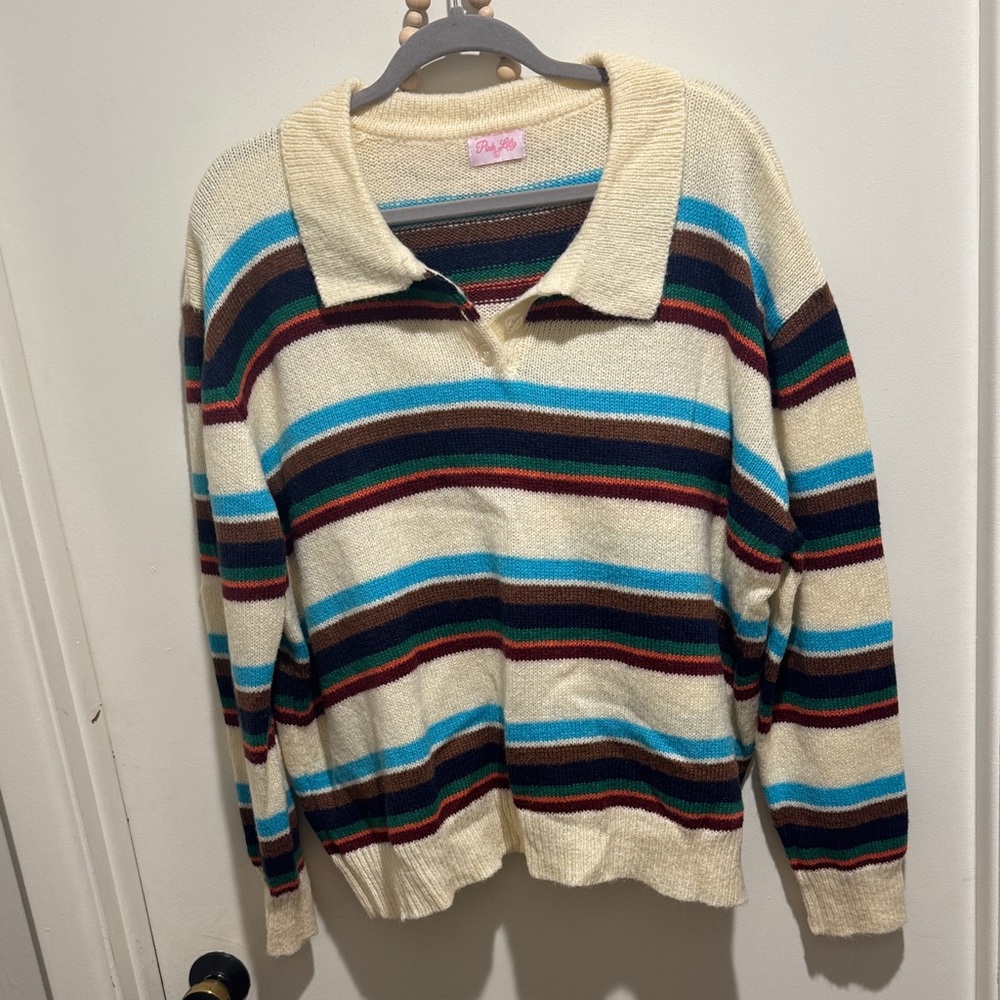 Pink Lily Cream and Blue Knit Sweater
